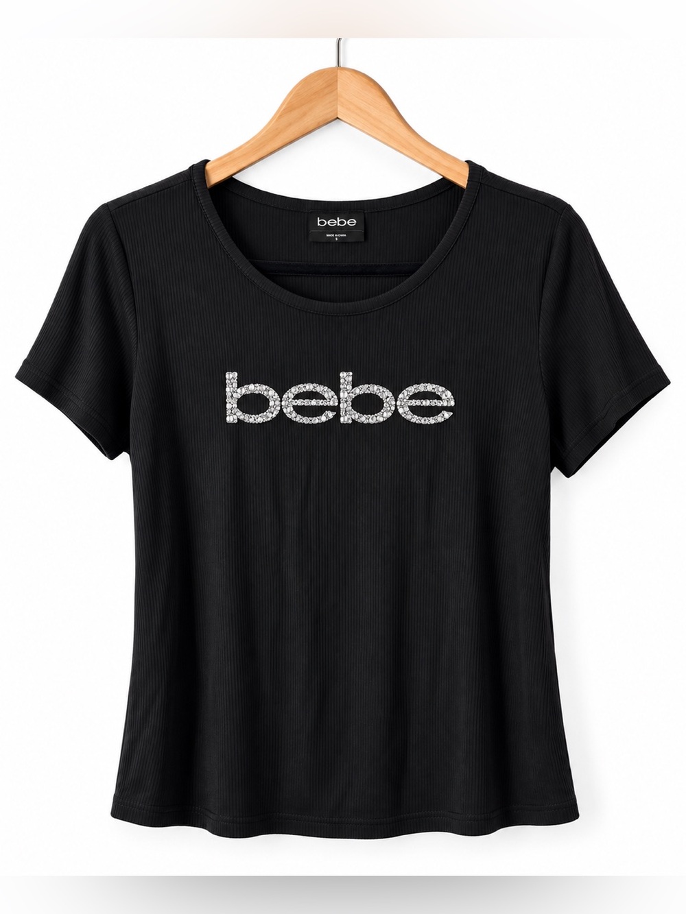 bebe Black Rhinestone Logo Tee Silver Y2K Ribbed Baby Tee 2000s Glam